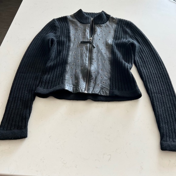 lucidity Sweaters - Lucidity Black Wool Blend Grommet Leather Front Zip Ribbed Cardigan Sweater M